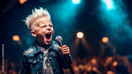 charming boy child singing emotionally at a concert in front of a microphone, illuminated by spotlights, against the backdrop of enthusiastic spectators. photo