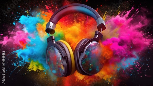 A headphone with colorful color powder splash. beautiful Generative AI AIG32