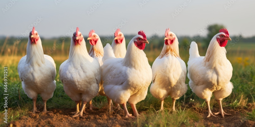 Fototapeta premium A group of chickens standing next to each other. Generative AI
