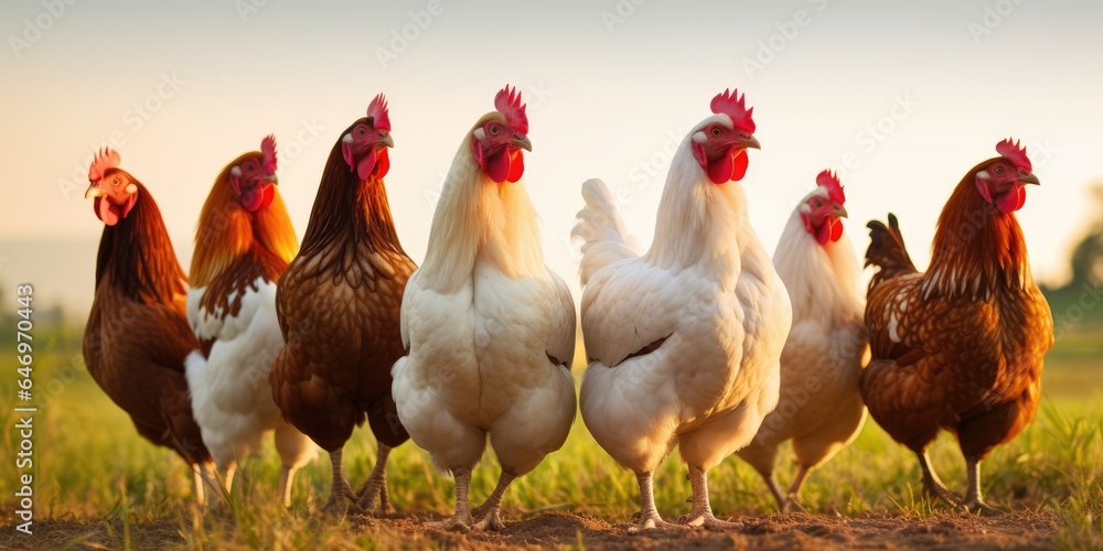 Fototapeta premium A group of chickens standing next to each other. Generative AI