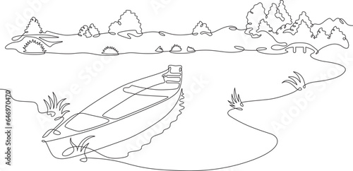 Landscape. Winding river. Boat off the shore. River bank. One continuous line. Linear. Hand drawn, white background.
