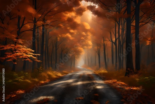 3D rendering of a country road in the midst of a moody, atmospheric forest in the fall. Highlight the interplay of shadows and light, and the rich orange and green hues of the leaves.