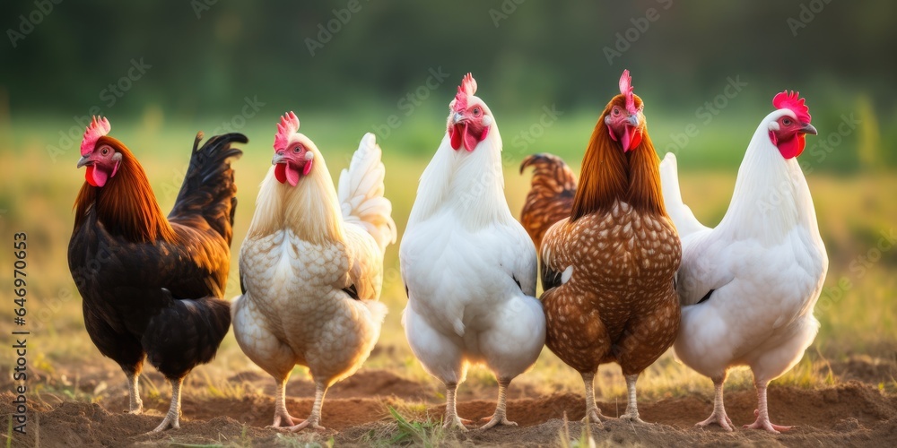 A group of chickens standing next to each other. Generative AI - obrazy, fototapety, plakaty 