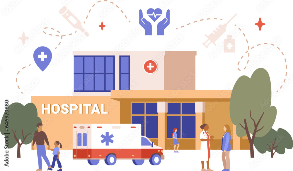 Φωτογραφία Flat vector illustration of hospital building, ambulance car, doctors, patients and medical icons