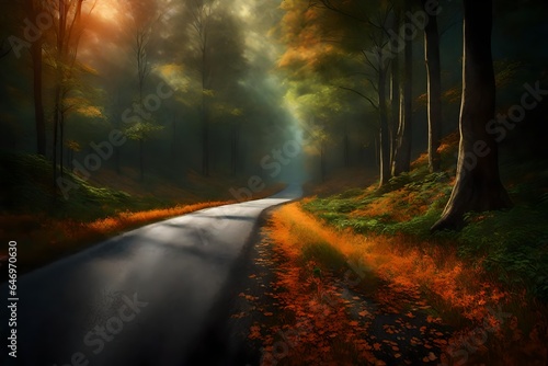  3D rendering of a country road cutting through a dense forest with dramatic, moody lighting. Emphasize the vibrant orange and green foliage, with the road disappearing into the mysterious woods