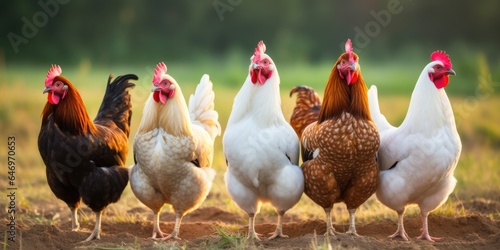 Foto A group of chickens standing next to each other.