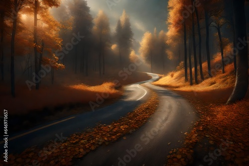  3D scene of a rural highway passing through an enchanting forest during the autumn season. Capture the sense of mystery and wonder in the dimly lit woods