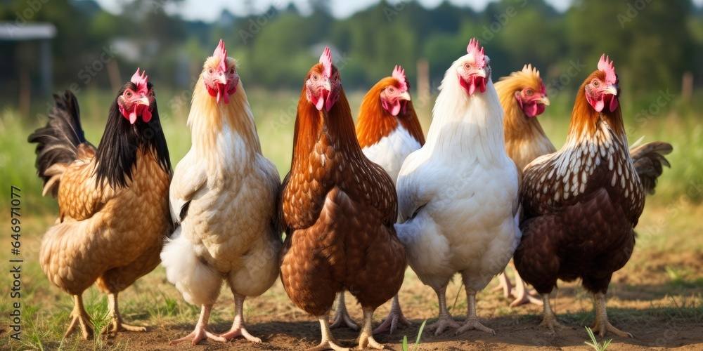 A group of chickens standing next to each other. Generative AI