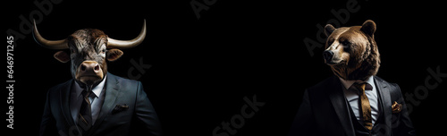 Portrait of a Bull and Bear of the Stock Market in Business Suit on Black Background Banner