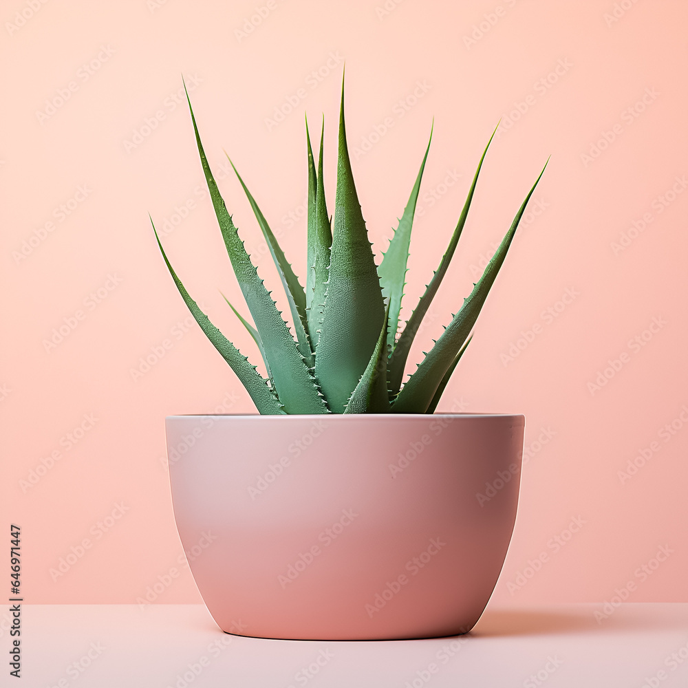 Aloe vera plant in pink pot on the peach fuzz colour background. Aloe vera plant in pink pot on the peach fuzz colour background.