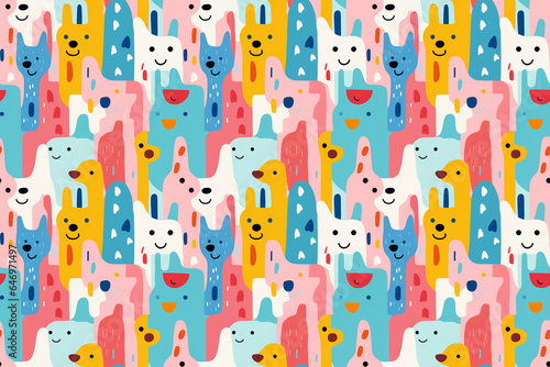 seamless pattern baby animal in minimal doodle style, Generative Ai