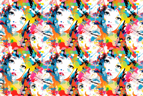seamless pattern illustration, anime face with color splash, 