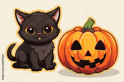 cute black cat and a orange pumpkin