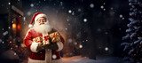 Santa Claus with Christmas presents on a snowy background Generative AI