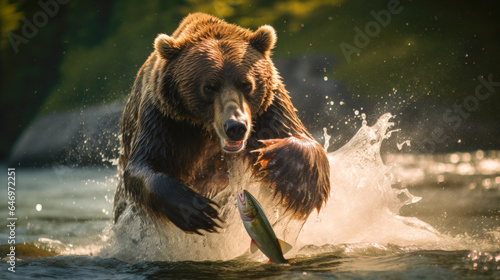 Wildlife Photography of a Kamchatka Brown Bear Catching a Salmon in mid air Ai Generated © Graphics.Parasite