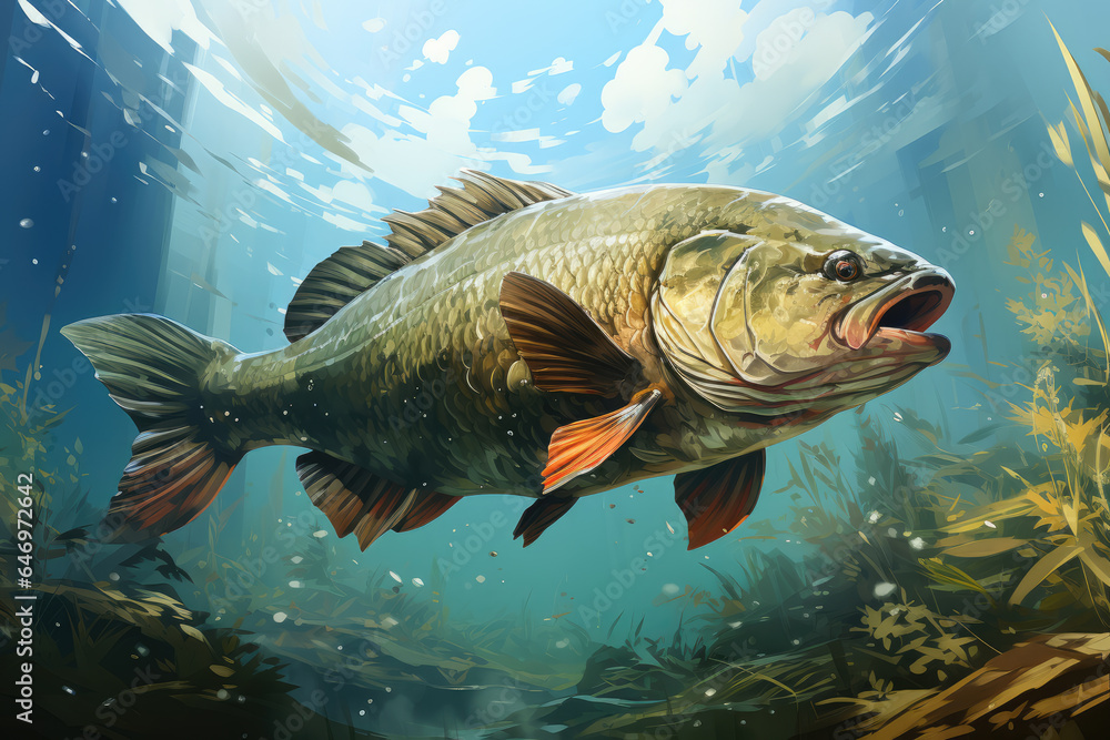 Fishing trophy - big freshwater perch in water on green background Fishing trophy - big freshwater perch in water on green background