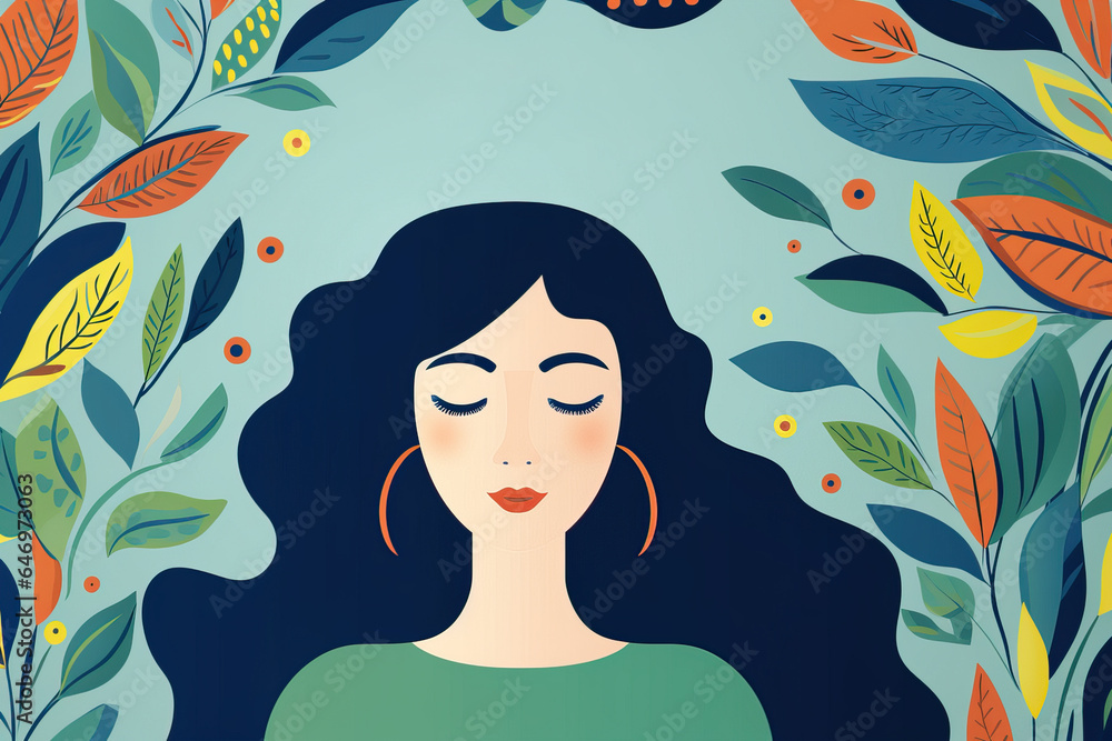 Generative AI illustration of minimalist woman with curly hair and closed eyes standing near bright leaves against blue background Generative AI illustration of minimalist woman with curly hair and closed eyes standing near bright leaves against blue background