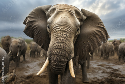 Generative AI illustration of herd of wild elephants walking on sandy ground of safari in Africa in cloudy day photo