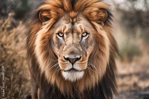 Generative AI image of dangerous powerful lion with fluffy mane looking at camera in African Savanna photo