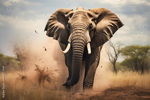 Generative AI illustration of elephant walking on sandy ground of safari in Africa in cloudy day photo