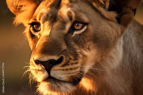 Generative AI illustration of muzzle of attentive wild lioness looking away at sunset in African Savanna photo