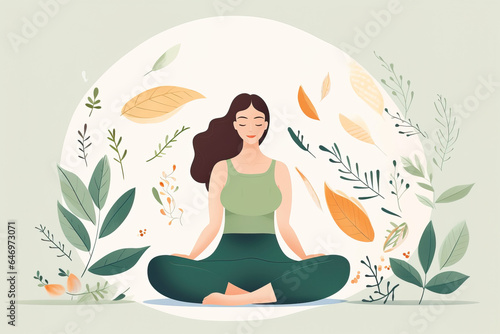 Generative AI illustration of calm minimalist woman sitting with crossed legs near bright leaves against beige background photo