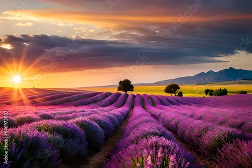 Picturesque summer nature landscape and agriculture area. Popular travel and photography place with beautiful purple lavender fields at sunset  Valensole  Provence  France  Europe 
