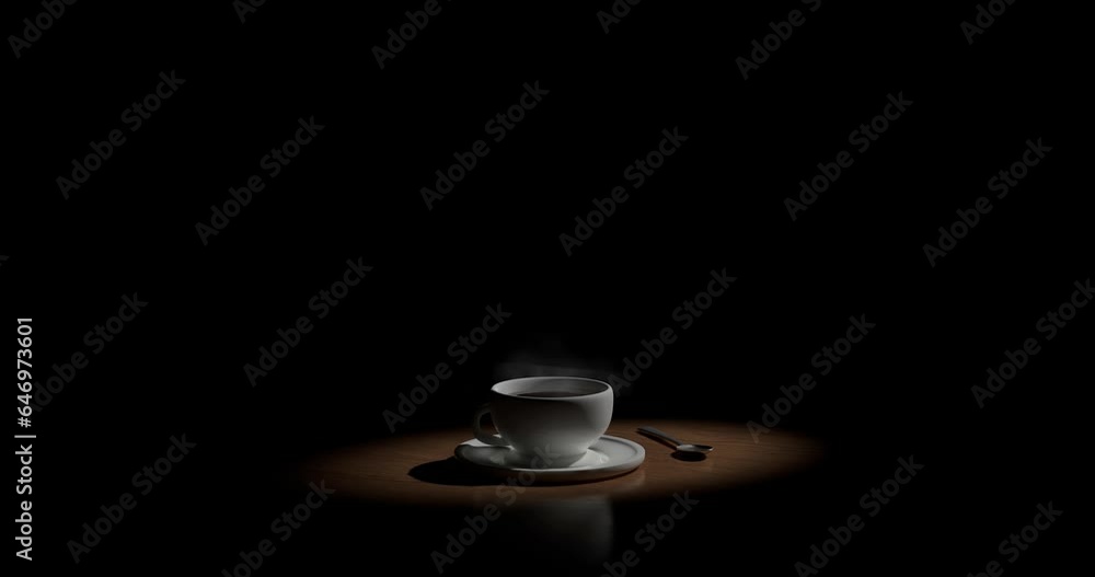 Cup with hot coffee on the table on a black background. Slow motion Cup with hot coffee on the table on a black background. Slow motion