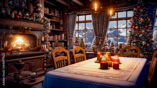 Dining room with table, chairs and christmas tree in front of window.