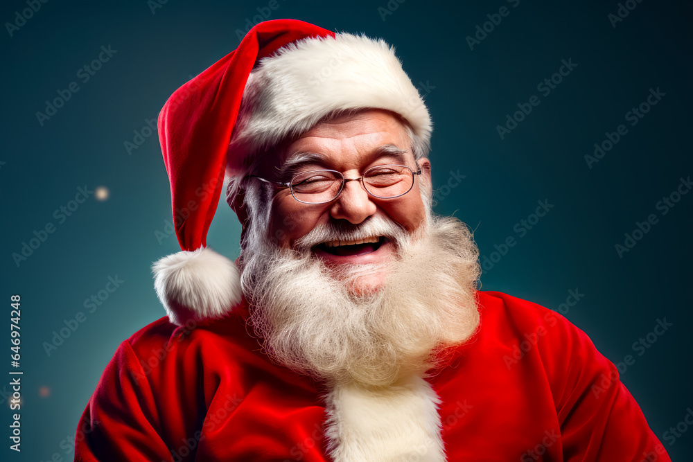 Man in santa suit with glasses and beard smiling at the camera.