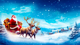 Painting of santa claus riding in sleigh with reindeers.