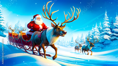 Santa claus riding sleigh with reindeers in the background.