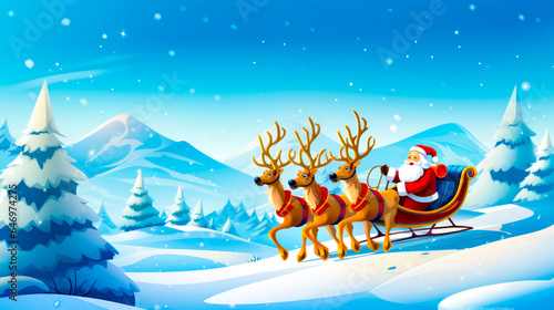 Santa riding in sleigh with reindeers in the snow.