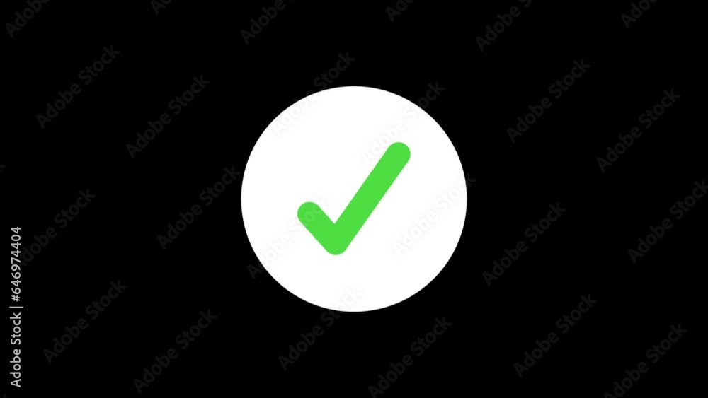 Animated green check mark icon in white circle. Isolated on a black background. Animated green check mark icon in white circle. Isolated on a black background.