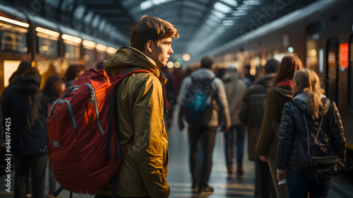 A Man waiting at a Train Station Looking