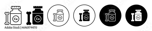 Calcium supplement icon. Ca vitamin capsule pill bottle for bone symbol. Joint bone support dietary drug tablet vector.  