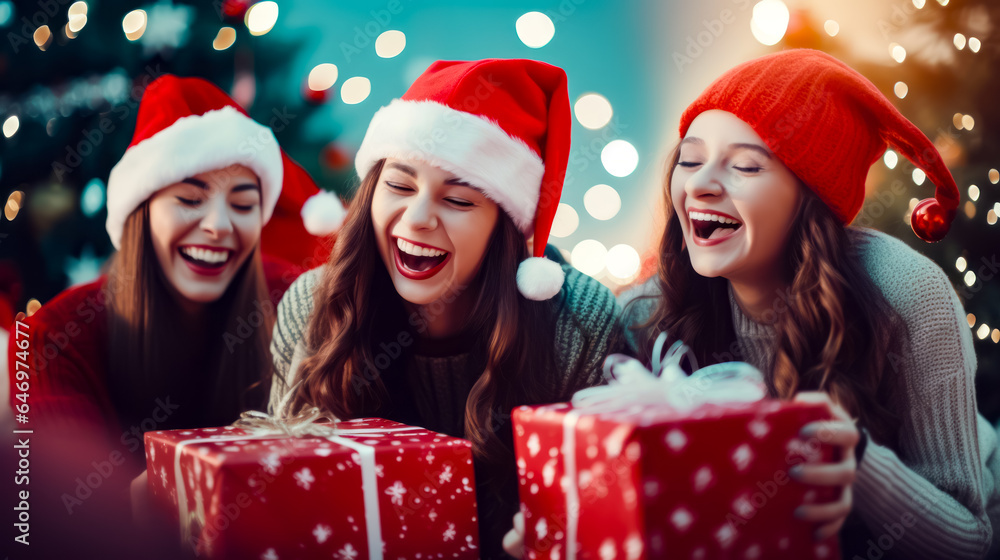 Group of women in santa hats opening presents together at christmas party. Group of women in santa hats opening presents together at christmas party.