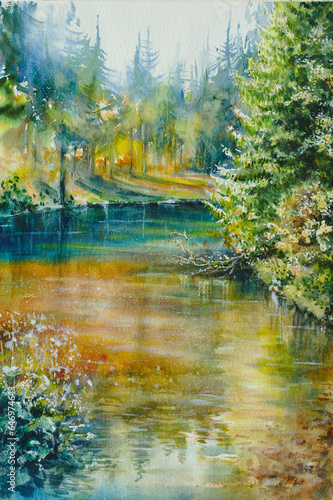 Fototapeta Naklejka Na Ścianę i Meble -  My original watercolors painting. Summer  forest in background and reflections in colorful water.