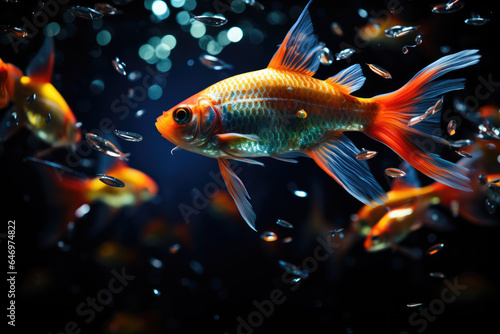Swarm of Neon Tetra Paracheirodon innesi freshwater fish isolated photo