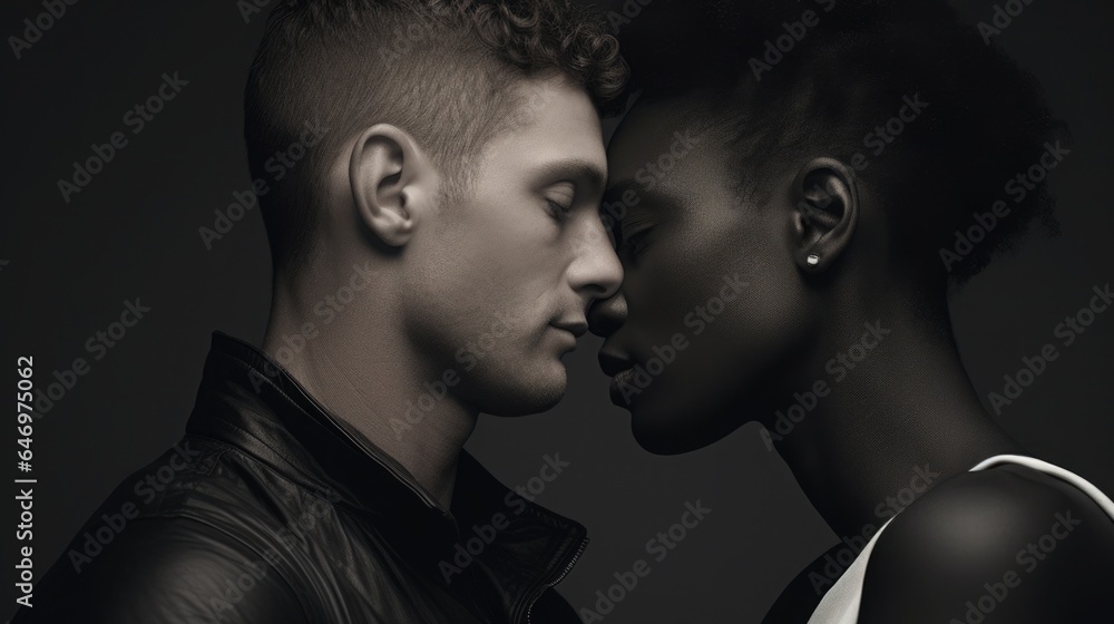 Portrait of a couple in love of different nationalities and skin colors. Black and white aesthetics Portrait of a couple in love of different nationalities and skin colors. Black and white aesthetics