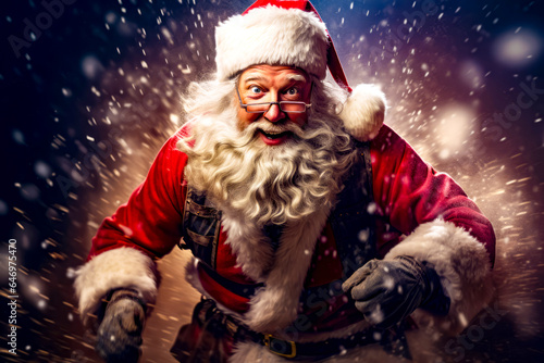 Man dressed in santa suit and glasses with surprised look on his face.
