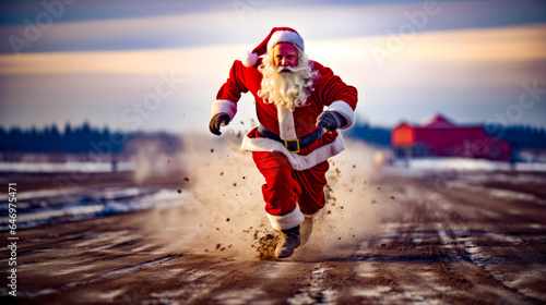 Man dressed as santa claus running through the snow in red suit.