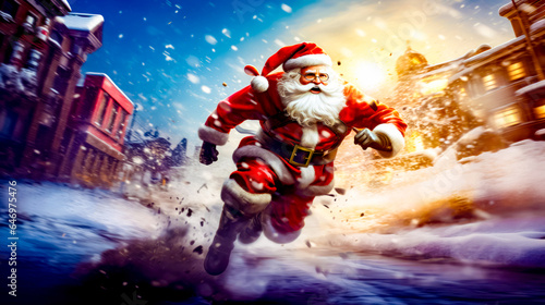 Man dressed as santa claus running through the snow with christmas tree in the background.