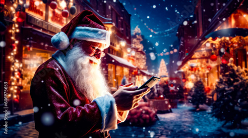 Man dressed as santa claus looking at his cell phone in the snow.