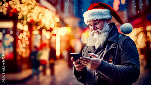 Man in santa hat looking at his cell phone on city street.