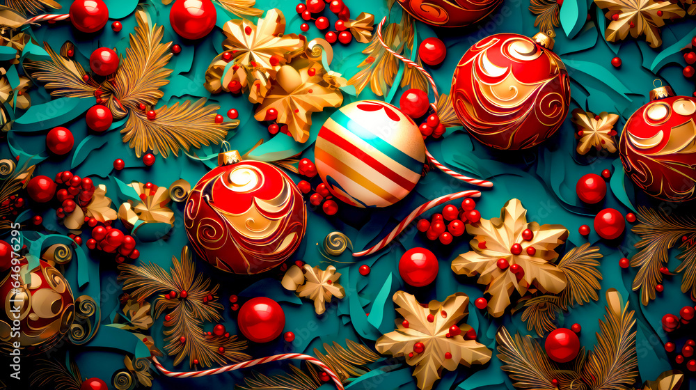Close up of christmas ornaments on blue surface with red and gold decorations. Close up of christmas ornaments on blue surface with red and gold decorations.