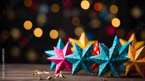 fondos navideños multicolores para tarjetas e invitaciones con tematica mexicana, estrellas de picos piñatas y luces brillantes de fondo