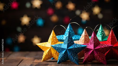 fondos navideños multicolores para tarjetas e invitaciones con tematica mexicana, estrellas de picos piñatas y luces brillantes de fondo  photo
