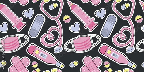 pink cartoon medicine elements seamless background pattern