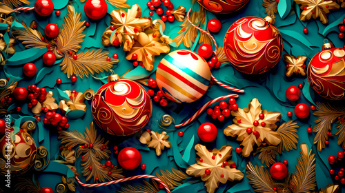 Close up of christmas ornaments on blue surface with red and gold decorations.